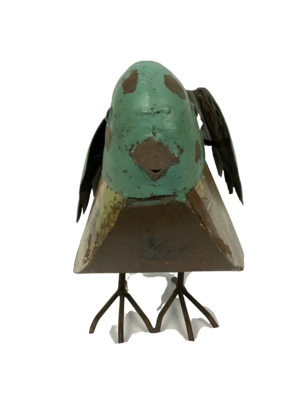 Metal Bird Figurine Whimsical Indoor Outdoor Decor Turquoise Brown